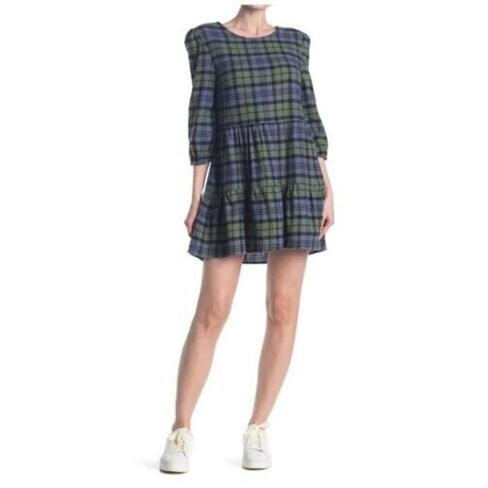Abound Women's Tiered Plaid Dress in Green Plaid Medium MSRP $30‎